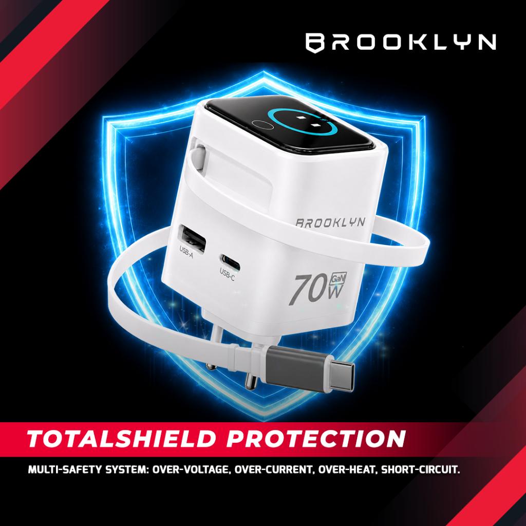 [Display Charger] Brooklyn WizzPower 70W GaN Fast Charging Built-in Cable Kepala Charger for iPhone iPad PD PPS Built-in Cable 70CM BK-W20