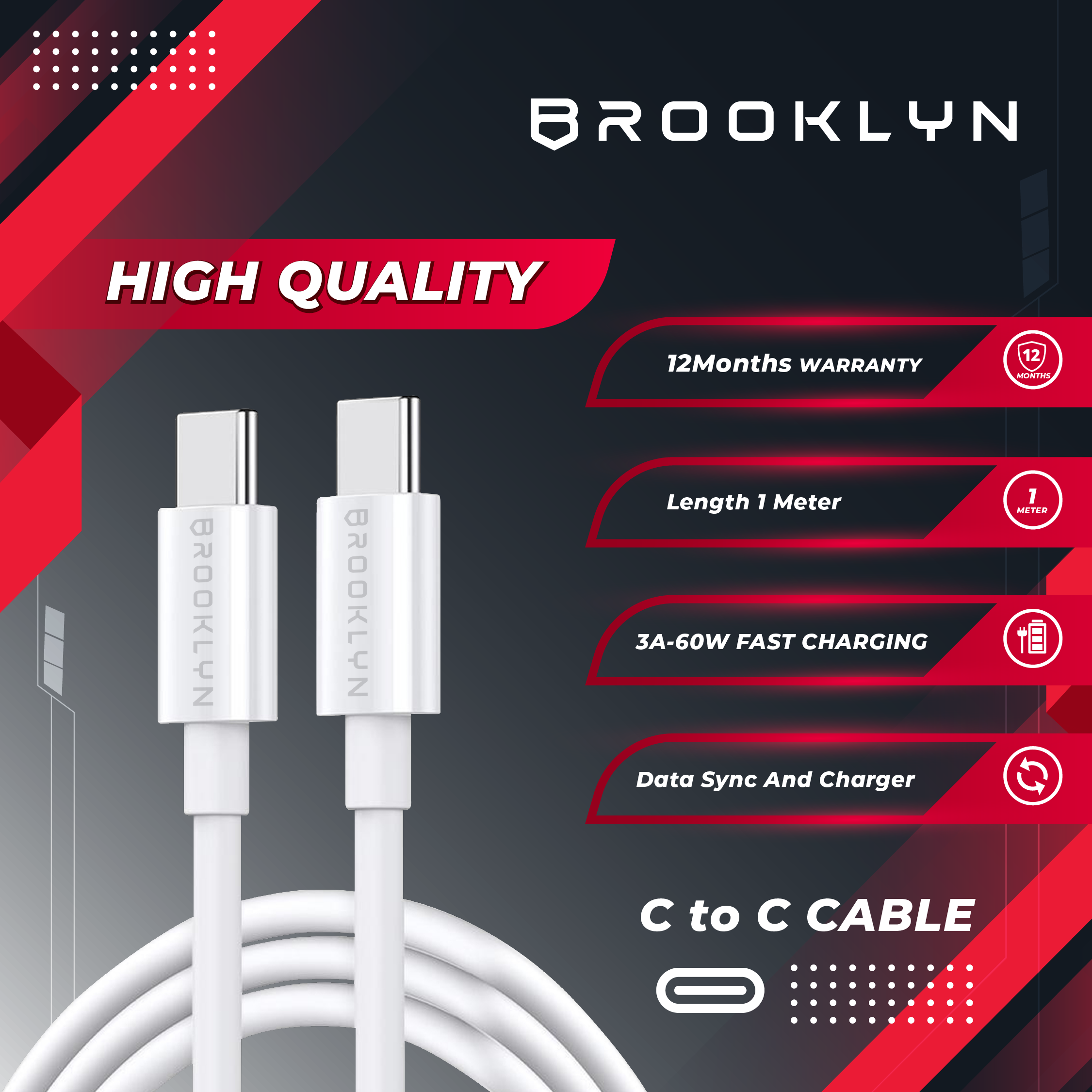 Cable Data USB C to USB C 60W Fast Charging BK-C1